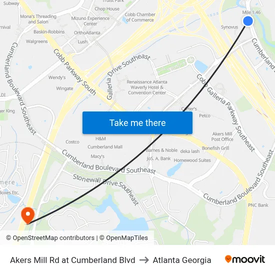 Akers Mill Rd at Cumberland Blvd to Atlanta Georgia map