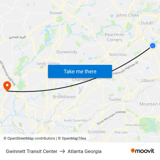 Gwinnett Transit Center to Atlanta Georgia map