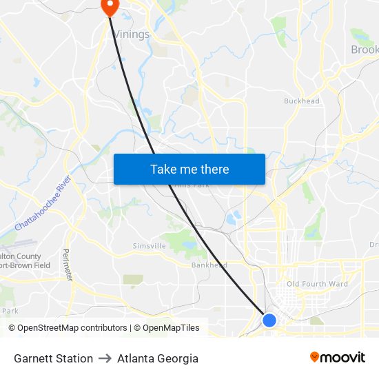 Garnett Station to Atlanta Georgia map