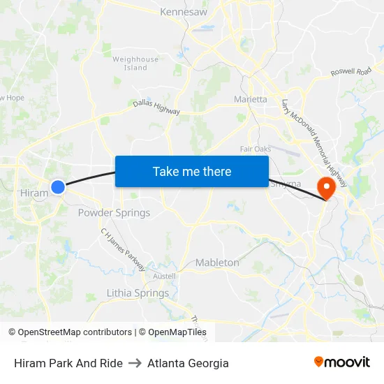 Hiram Park And Ride to Atlanta Georgia map