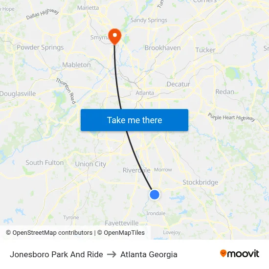 Jonesboro Park And Ride to Atlanta Georgia map