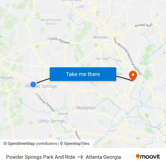 Powder Springs Park And Ride to Atlanta Georgia map