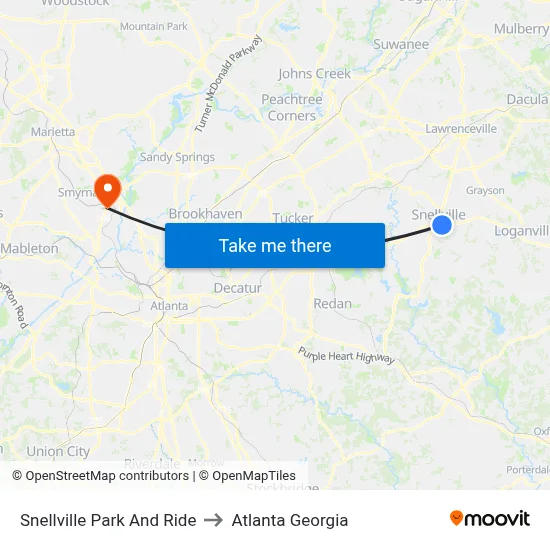 Snellville Park And Ride to Atlanta Georgia map