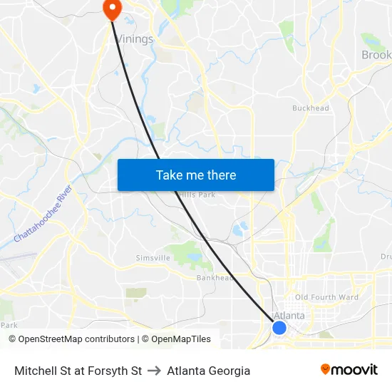 Mitchell St at Forsyth St to Atlanta Georgia map