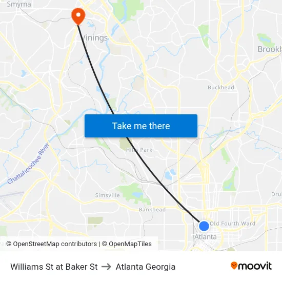 Williams St at Baker St to Atlanta Georgia map