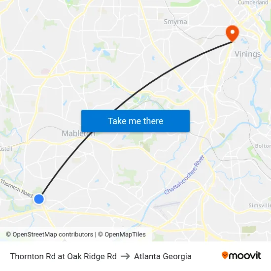 Thornton Rd at Oak Ridge Rd to Atlanta Georgia map