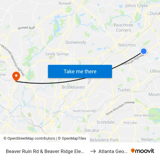 Beaver Ruin Rd & Beaver Ridge Elementary to Atlanta Georgia map