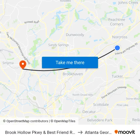 Brook Hollow Pkwy & Best Friend Rd Ob to Atlanta Georgia map