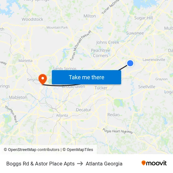 Boggs Rd & Astor Place Apts to Atlanta Georgia map
