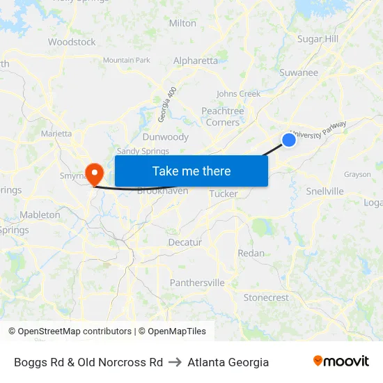 Boggs Rd & Old Norcross Rd to Atlanta Georgia map