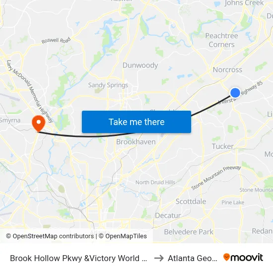 Brook Hollow Pkwy &Victory World Church to Atlanta Georgia map