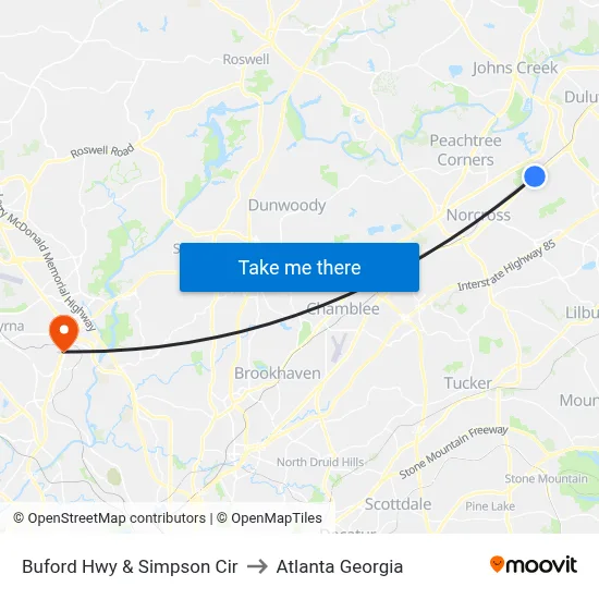 Buford Hwy & Simpson Cir to Atlanta Georgia map