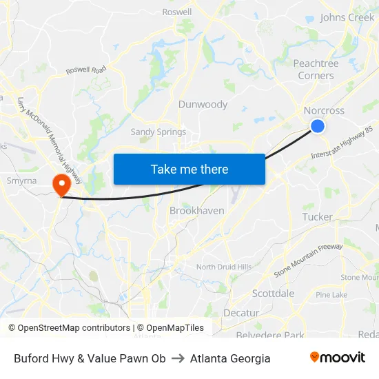 Buford Hwy & Value Pawn Ob to Atlanta Georgia map