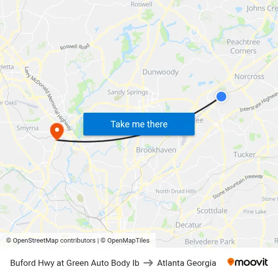 Buford Hwy at Green Auto Body Ib to Atlanta Georgia map