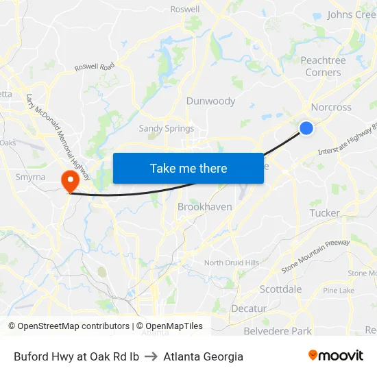 Buford Hwy at Oak Rd Ib to Atlanta Georgia map