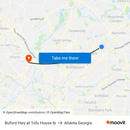 Buford Hwy at Tofu House Ib to Atlanta Georgia map