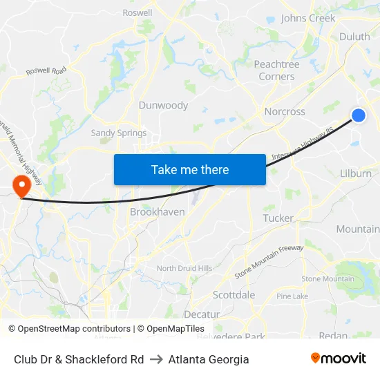 Club Dr & Shackleford Rd to Atlanta Georgia map