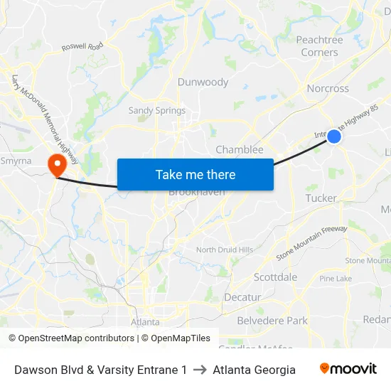 Dawson Blvd & Varsity Entrane 1 to Atlanta Georgia map