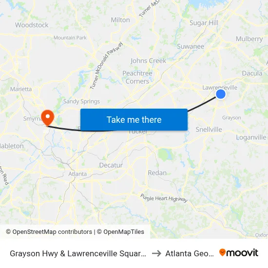 Grayson Hwy & Lawrenceville Square Plaza to Atlanta Georgia map