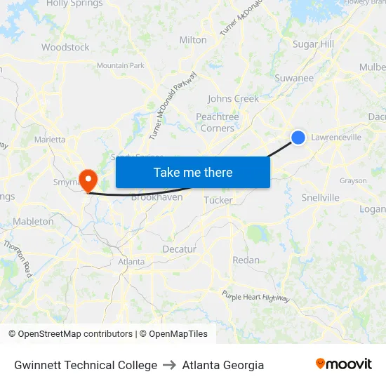 Gwinnett Technical College to Atlanta Georgia map