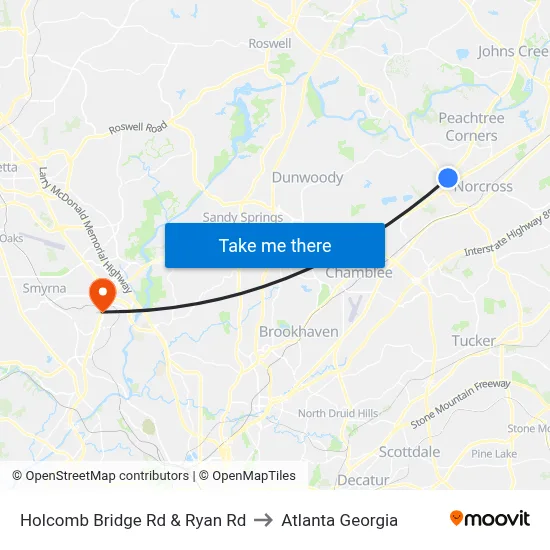 Holcomb Bridge Rd & Ryan Rd to Atlanta Georgia map
