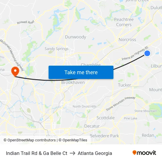 Indian Trail Rd & Ga Belle Ct to Atlanta Georgia map