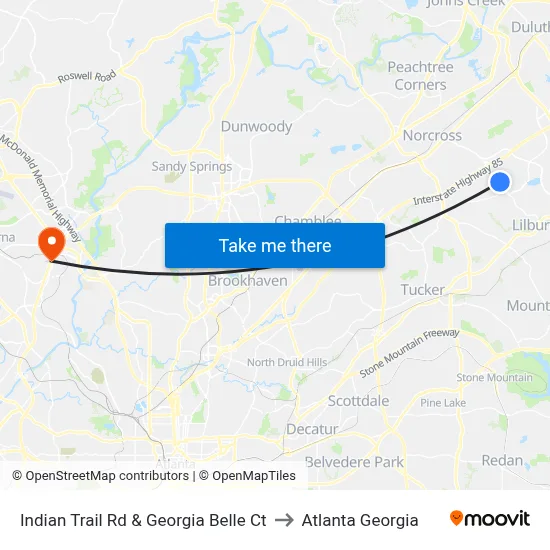 Indian Trail Rd & Georgia Belle Ct to Atlanta Georgia map