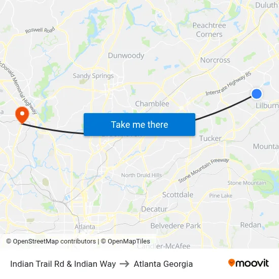 Indian Trail Rd & Indian Way to Atlanta Georgia map
