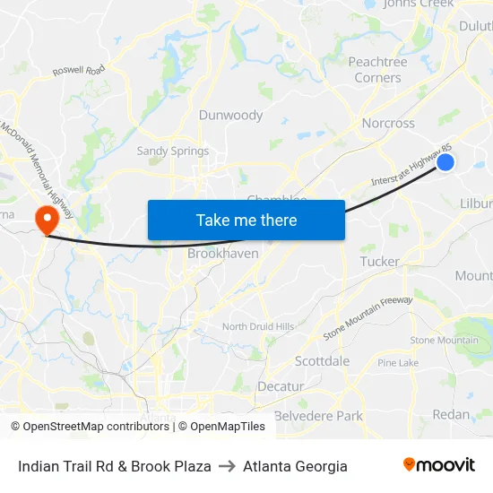 Indian Trail Rd & Brook Plaza to Atlanta Georgia map