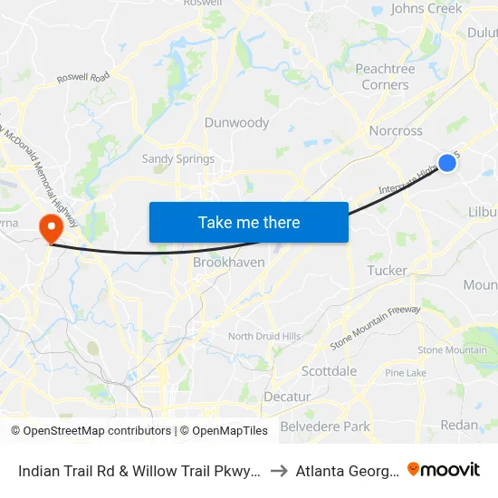 Indian Trail Rd & Willow Trail Pkwy Ib to Atlanta Georgia map