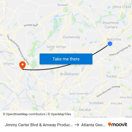Jimmy Carter Blvd & Amway Products Dist to Atlanta Georgia map