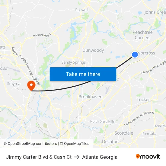 Jimmy Carter Blvd & Cash Ct to Atlanta Georgia map