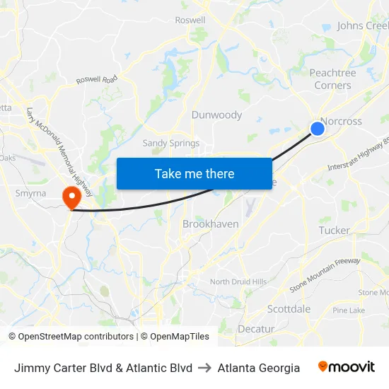 Jimmy Carter Blvd & Atlantic Blvd to Atlanta Georgia map