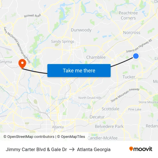 Jimmy Carter Blvd & Gale Dr to Atlanta Georgia map