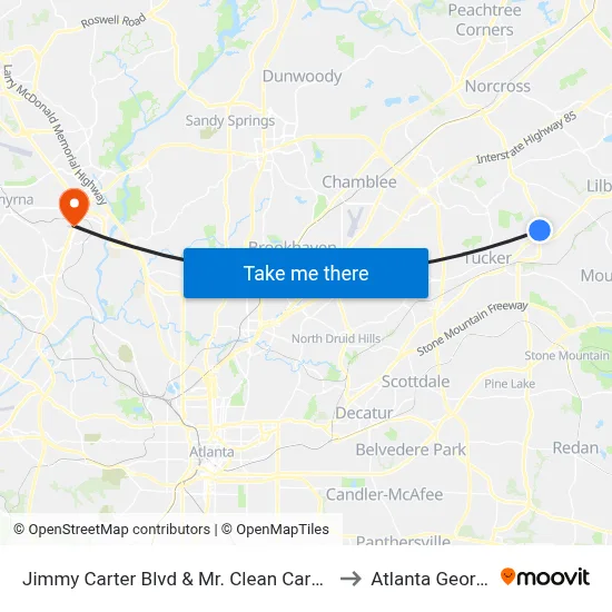 Jimmy Carter Blvd & Mr. Clean Carwash to Atlanta Georgia map