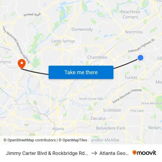 Jimmy Carter Blvd & Rockbridge Rd (Ihop) to Atlanta Georgia map