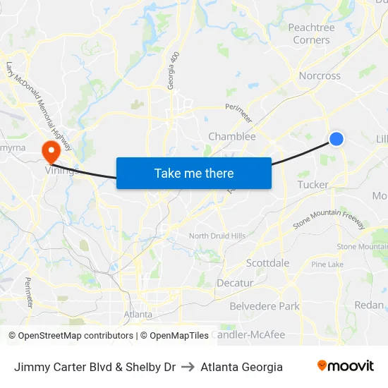 Jimmy Carter Blvd & Shelby Dr to Atlanta Georgia map