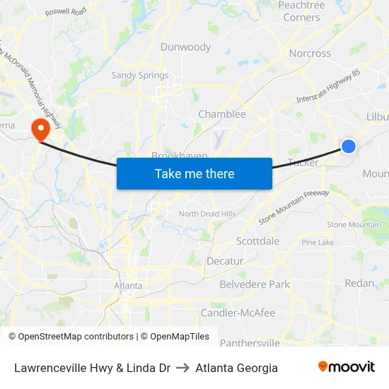Lawrenceville Hwy & Linda Dr to Atlanta Georgia map