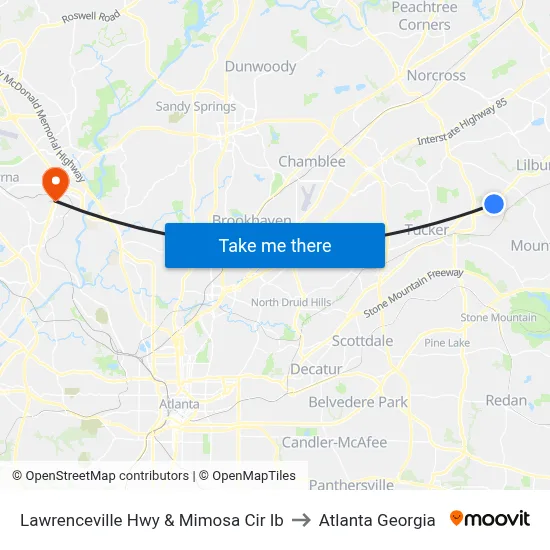 Lawrenceville Hwy & Mimosa Cir Ib to Atlanta Georgia map