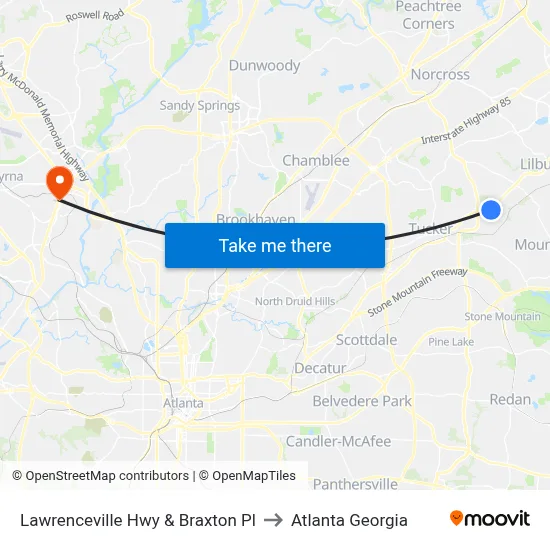 Lawrenceville Hwy & Braxton Pl to Atlanta Georgia map