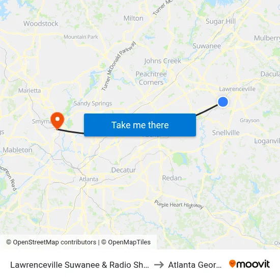 Lawrenceville Suwanee & Radio Shack to Atlanta Georgia map
