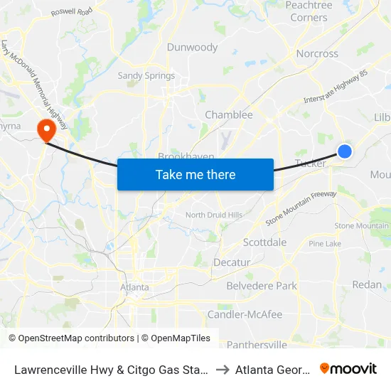 Lawrenceville Hwy & Citgo Gas Station to Atlanta Georgia map