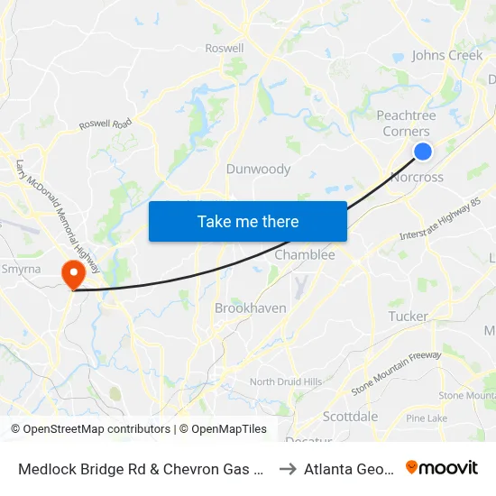 Medlock Bridge Rd & Chevron Gas Station to Atlanta Georgia map