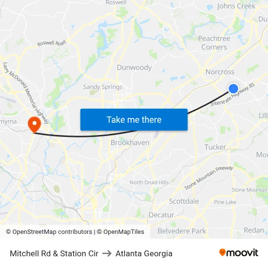 Mitchell Rd & Station Cir to Atlanta Georgia map