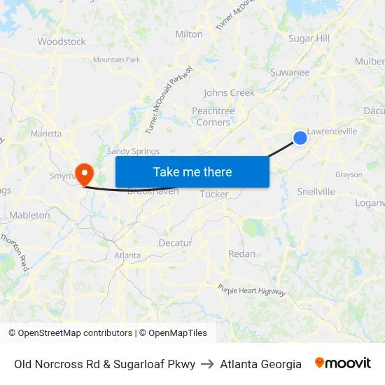 Old Norcross Rd & Sugarloaf Pkwy to Atlanta Georgia map