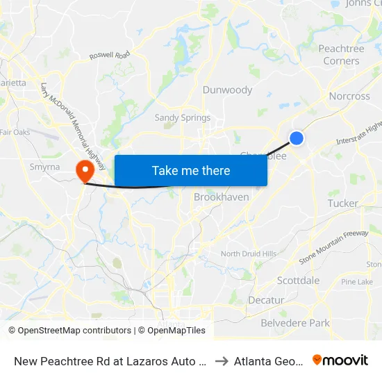 New Peachtree Rd at Lazaros Auto Rep Ib to Atlanta Georgia map