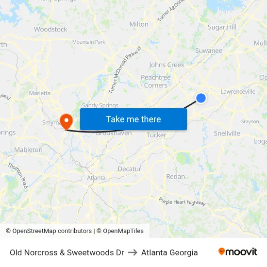 Old Norcross & Sweetwoods Dr to Atlanta Georgia map