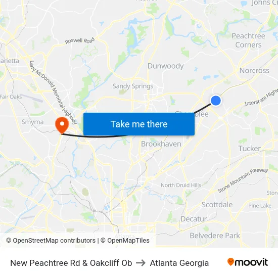 New Peachtree Rd & Oakcliff Ob to Atlanta Georgia map