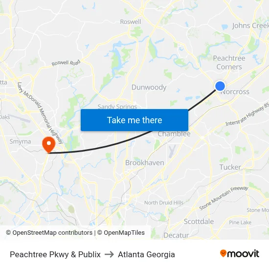 Peachtree Pkwy & Publix to Atlanta Georgia map