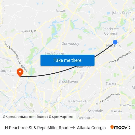 N Peachtree St & Reps Miller Road to Atlanta Georgia map